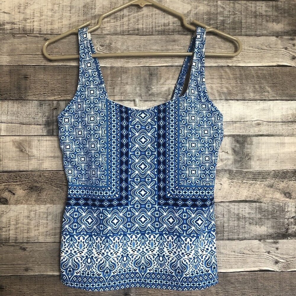 Lands End Tankini Top Size 2P Shelf Bra Padded Underwire Swim Top Blue/White